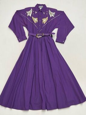 Vintage 80s Lilia Smitty Purple Metallic Western Dress Sz 11/12 Cowgirl Rodeo
